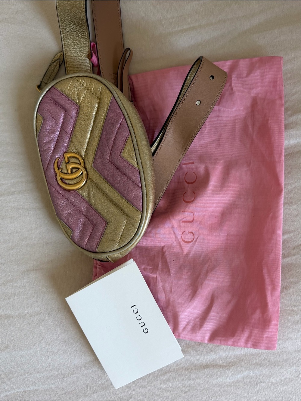 Gucci Gold and Pink Chevron Quilted Belt Bag - Picture 2 of 4